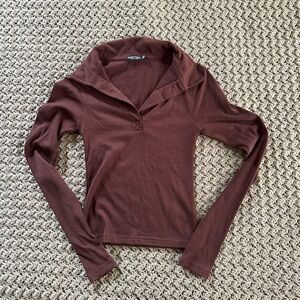 Nasty Gal Ribbed Collar V Neck Long Sleeve Top